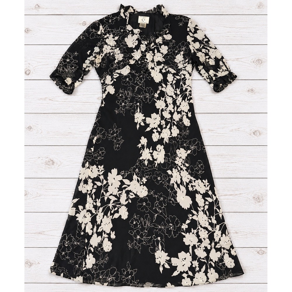 Vintage  ICE 100% Silk Floral Midi Dress Whimsygoth Sheer Sleeve Ruffle Sz 16